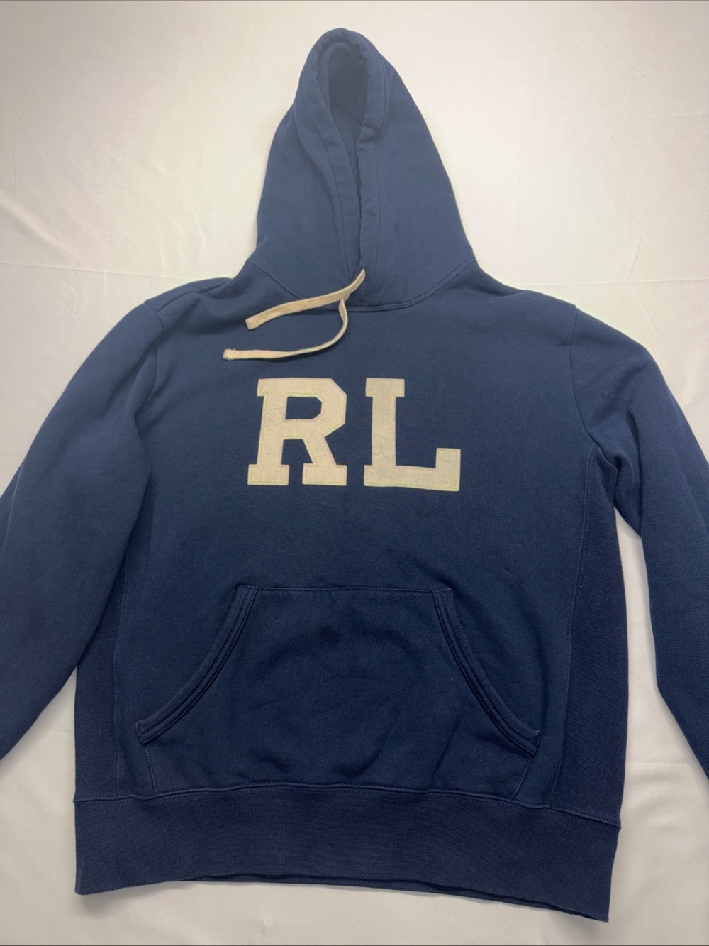Polo Ralph Lauren RL Logo Hoodie Medium Navy Blue Fleece Pullover Sweatshirt